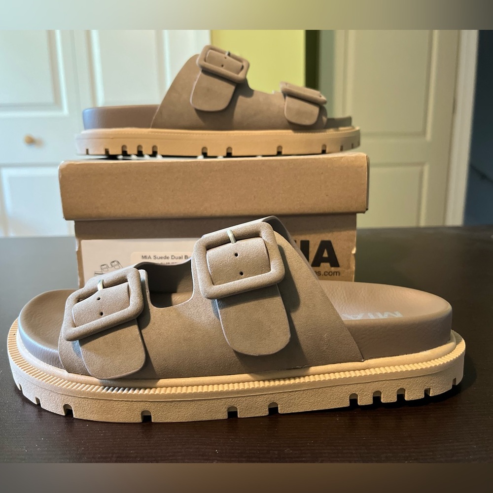 MIA, New in box , suede dual buckle sandals, taupe, size 8